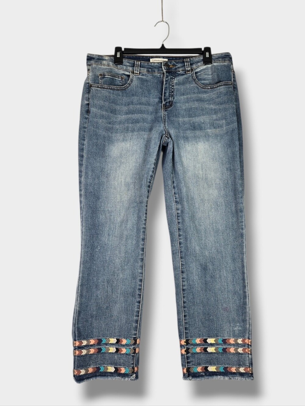 Coldwater Creek Straight Leg Blue Jean Embroidery Cuff Boho Southwest Size 10